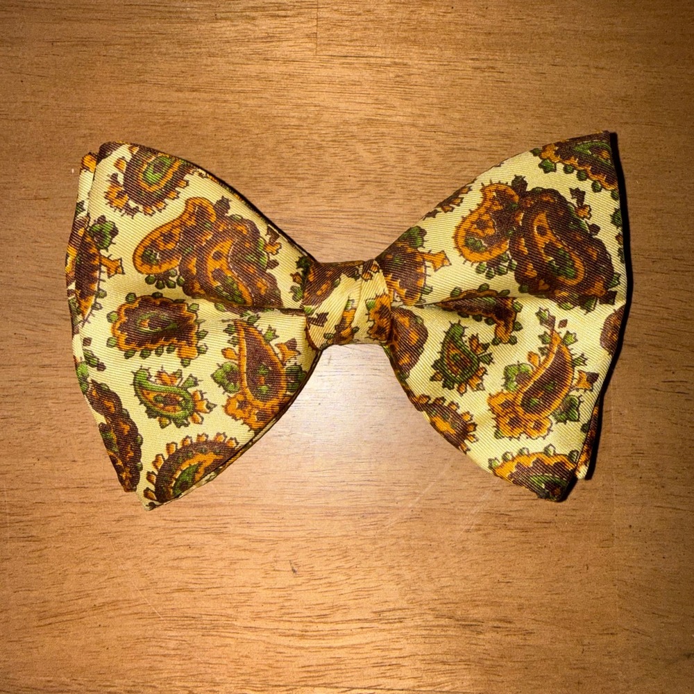 Vintage Yellow Brown Paisley Clip On Bow Tie Retro Formal Mens Accessory